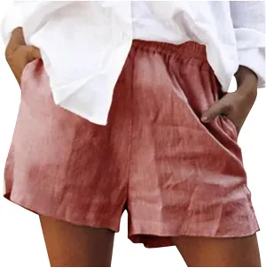 2024 Linen Shorts for Women Trendy Summer Solid Wide Leg Pants Casual Elastic Waist Lounge Trousers with Pockets