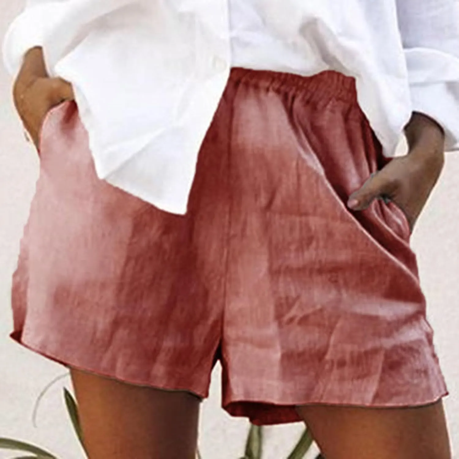 2024 Linen Shorts for Women Trendy Summer Solid Wide Leg Pants Casual Elastic Waist Lounge Trousers with Pockets