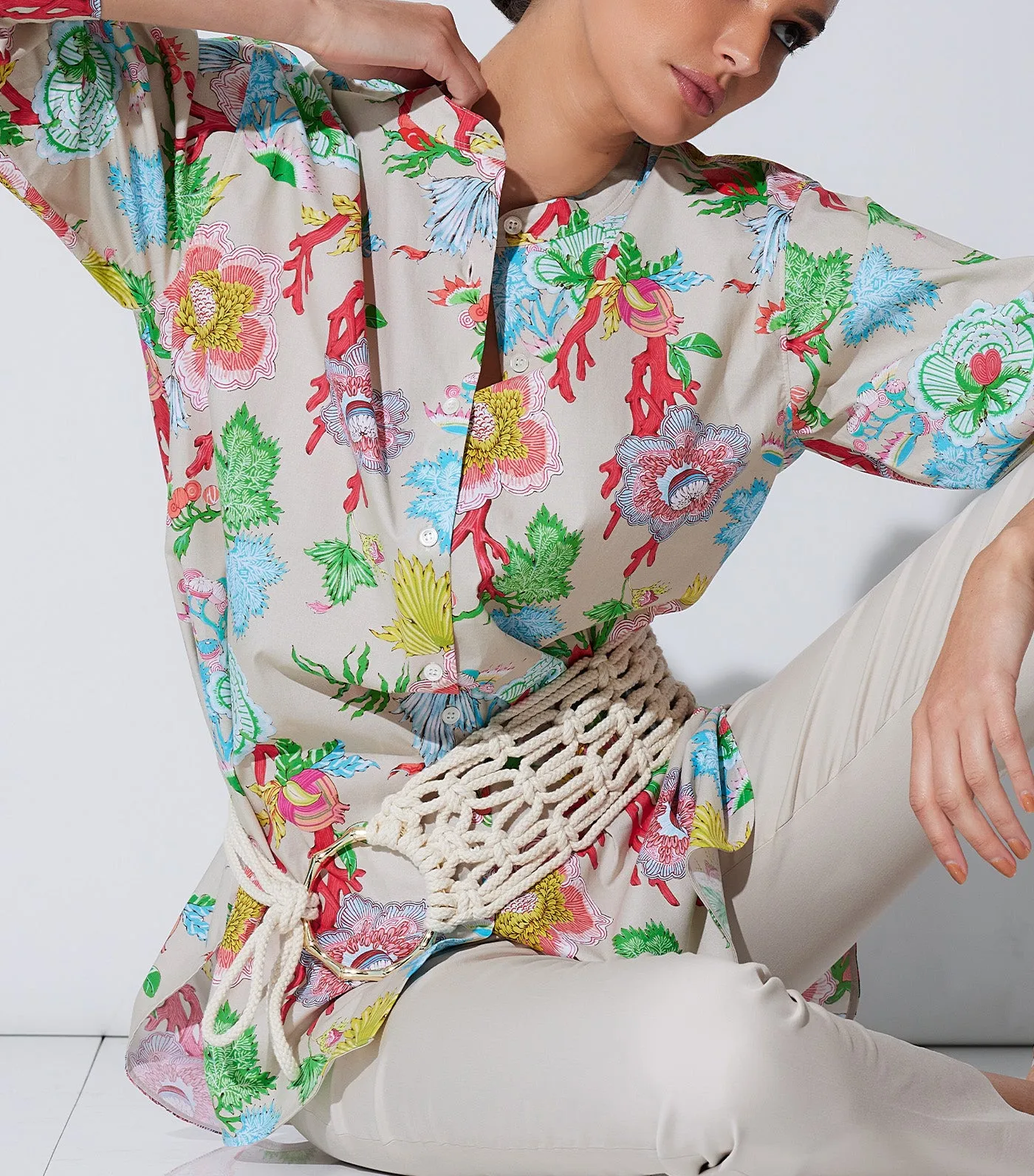 Amanpulo Cotton Poplin Oversized Mandarin Top White Sand