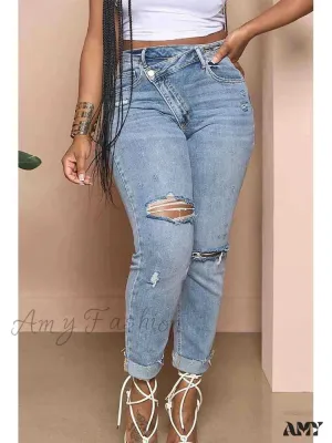 Amy Fashion - Classic Fashion Stretch Ripped Streetwear Denim Jean