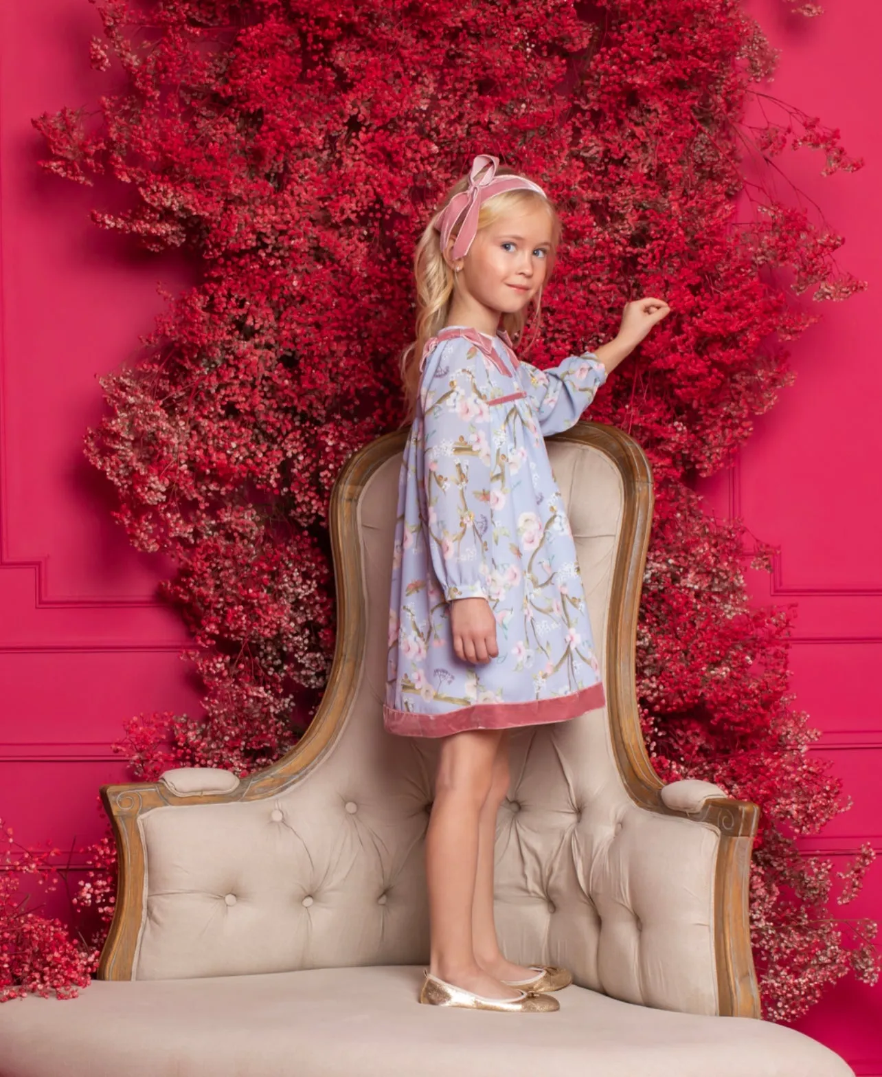 Beautiful Blue Floral chiffon dress with bow details.