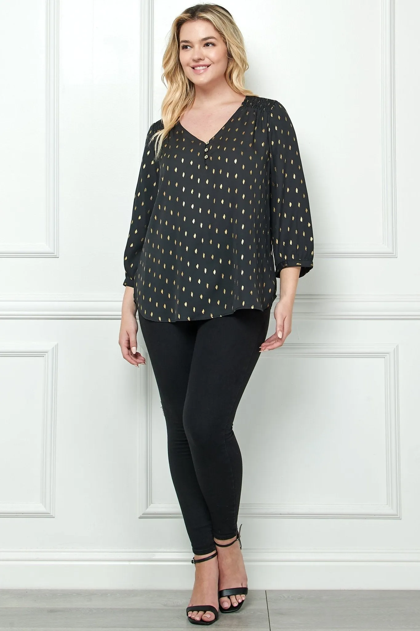 Black 3/4 Button Cuff Sleeve V Neck Popover - Plus