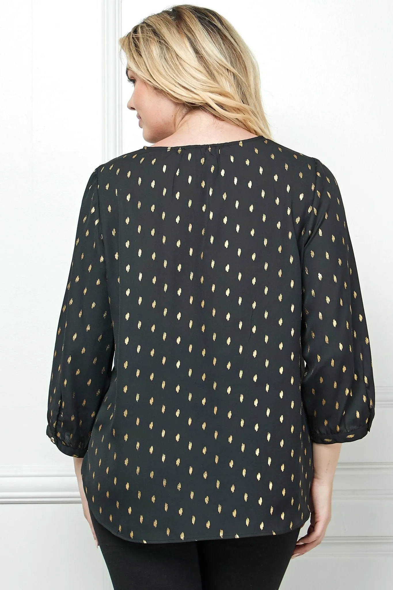 Black 3/4 Button Cuff Sleeve V Neck Popover - Plus