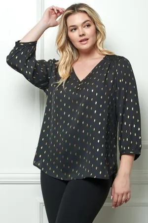 Black 3/4 Button Cuff Sleeve V Neck Popover - Plus