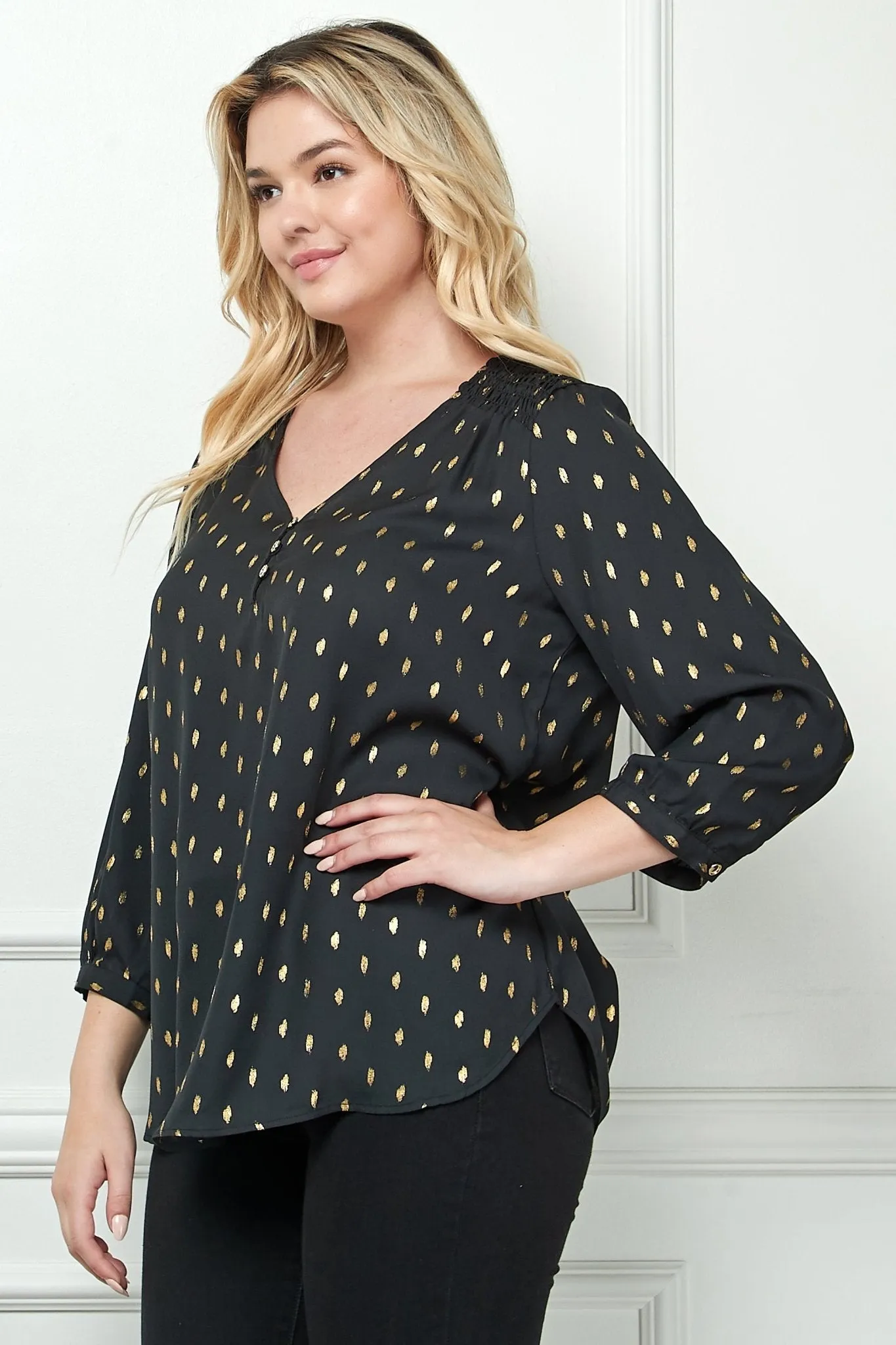 Black 3/4 Button Cuff Sleeve V Neck Popover - Plus