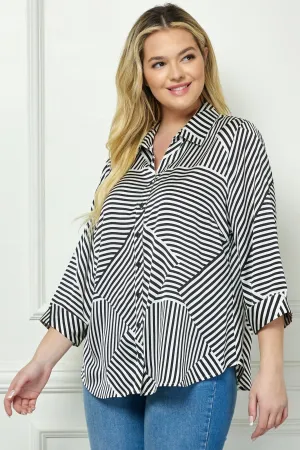 Black & Ivory 3/4 Notch Sleeve Johnny Collar Button Front Top - Plus