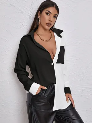 Black and White Button Down Long Sleeve Shirt Contrast Dropped Shoulder Blouse