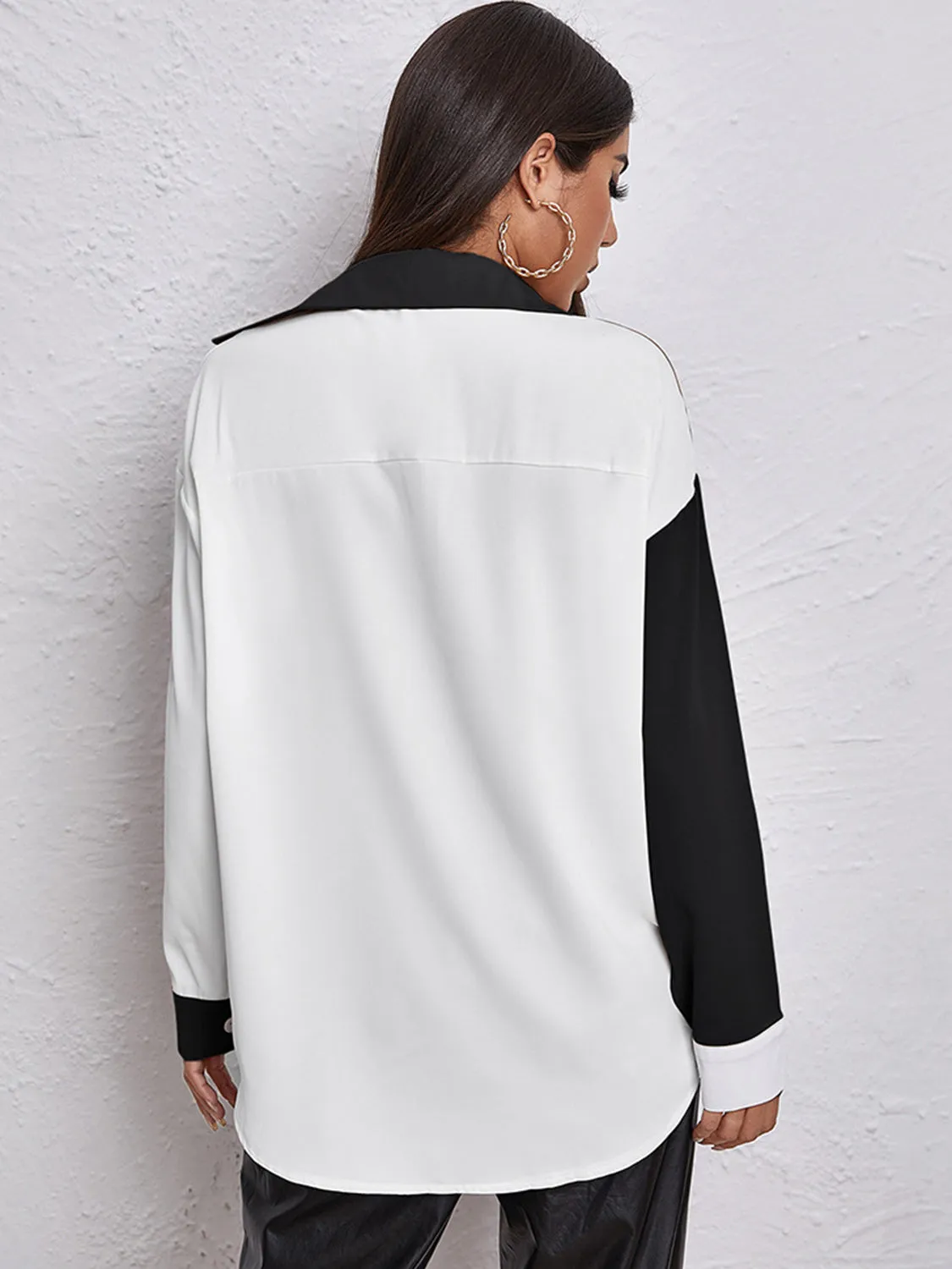Black and White Button Down Long Sleeve Shirt Contrast Dropped Shoulder Blouse