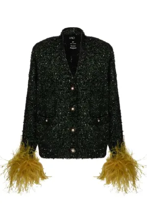 BLACK WOOL-BLEND CARDIGAN WITH MUSTARD FEATHER-DETAILING