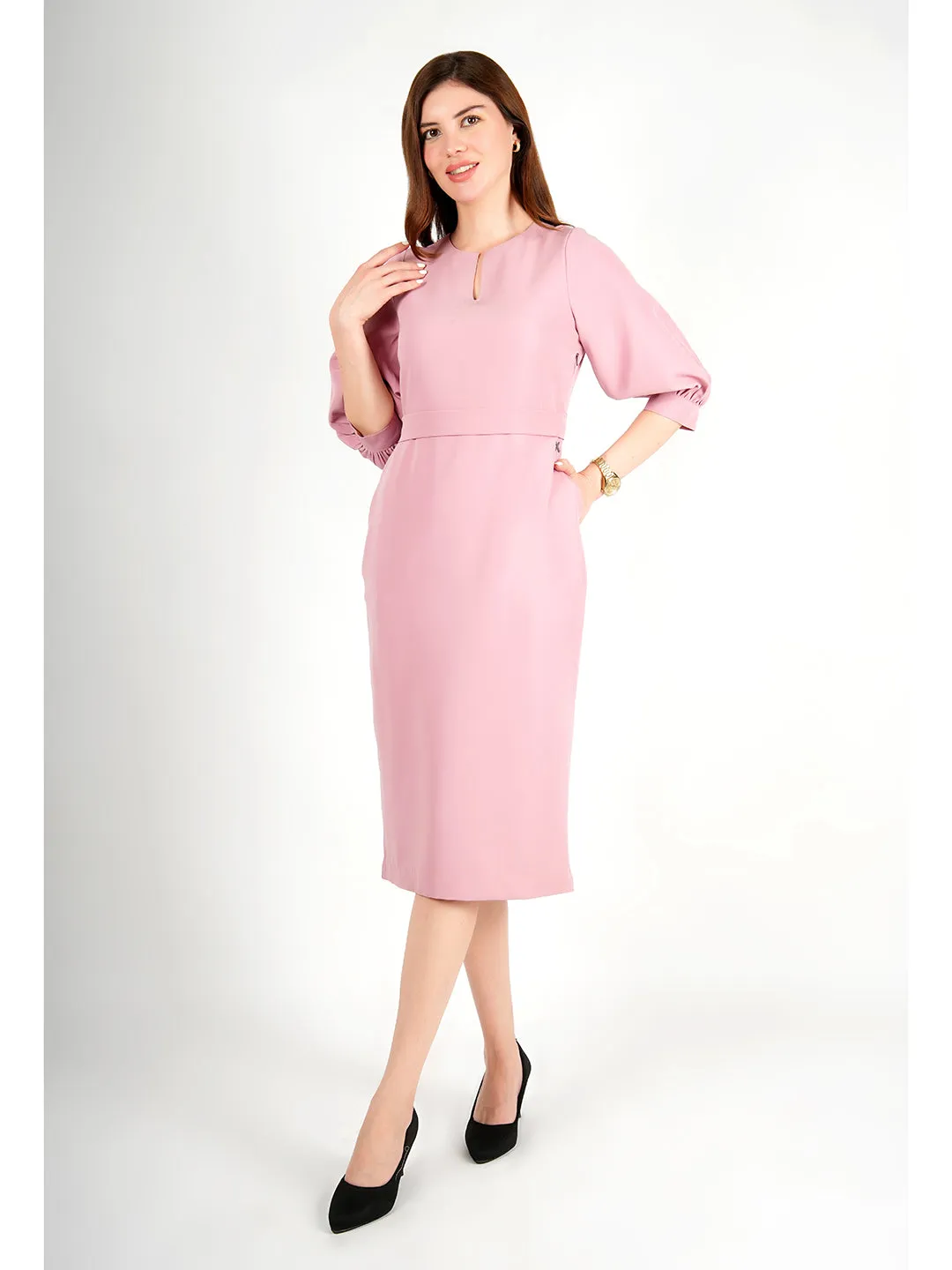 Blush Pink Blended Fabric Bright Low Puff Sleeve Dress