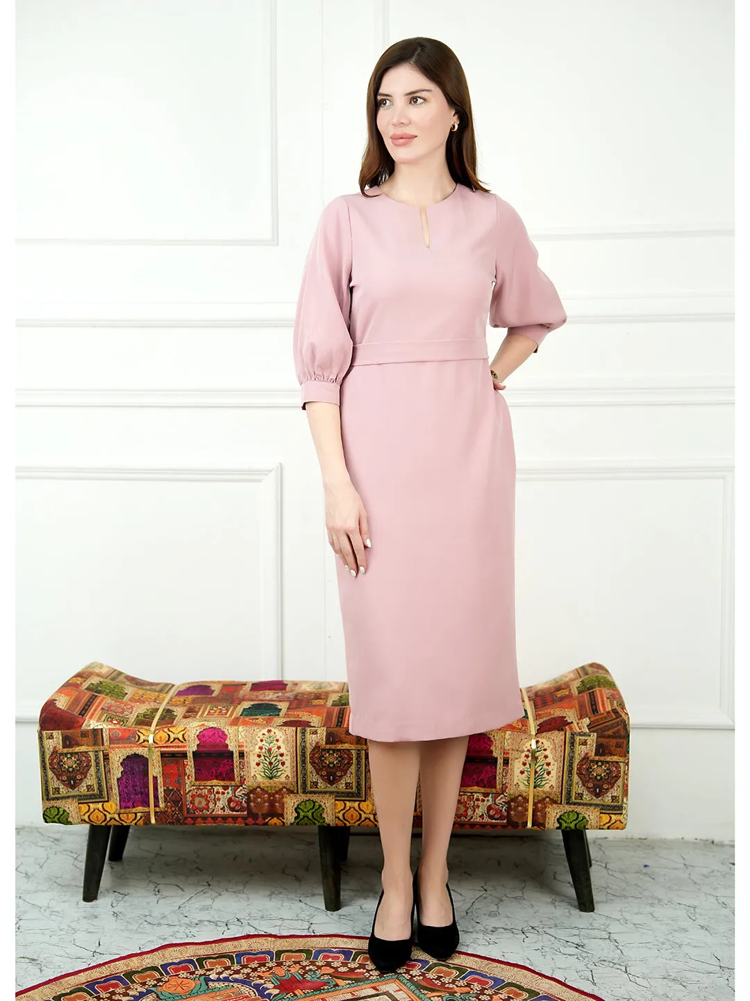 Blush Pink Blended Fabric Bright Low Puff Sleeve Dress