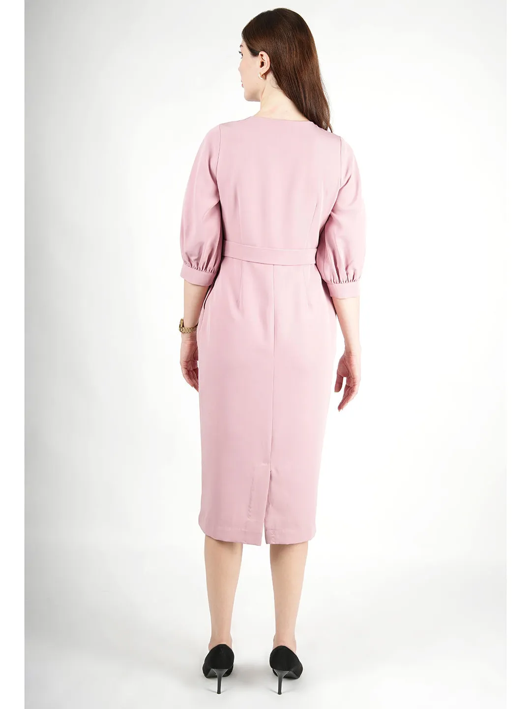 Blush Pink Blended Fabric Bright Low Puff Sleeve Dress