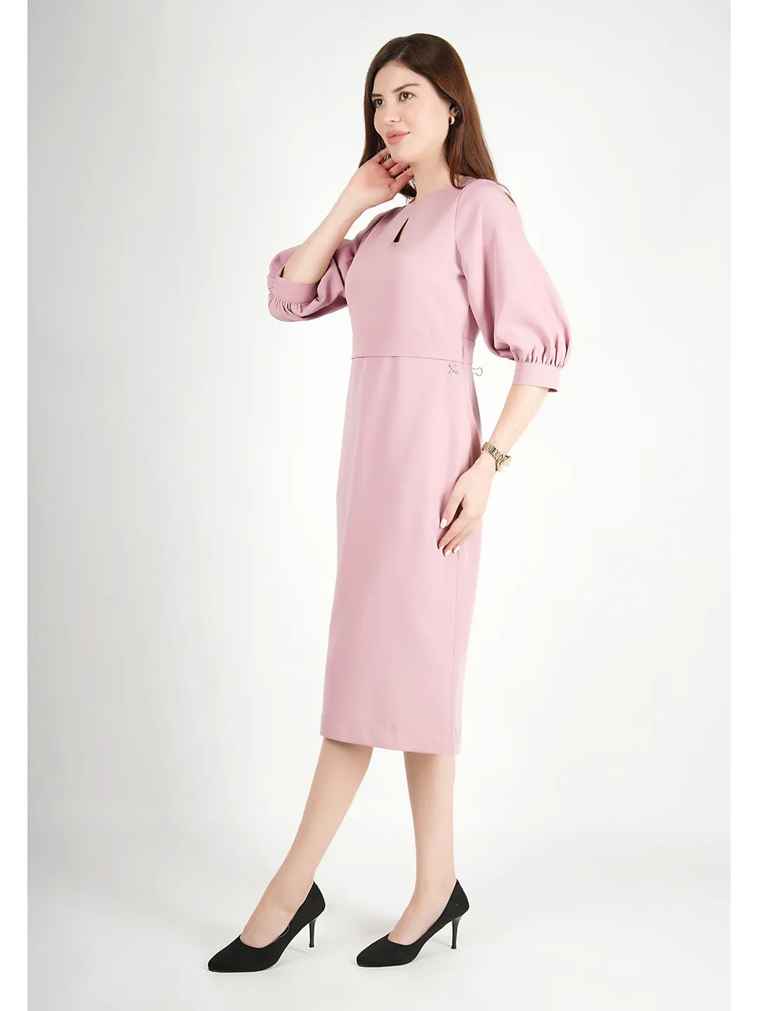 Blush Pink Blended Fabric Bright Low Puff Sleeve Dress