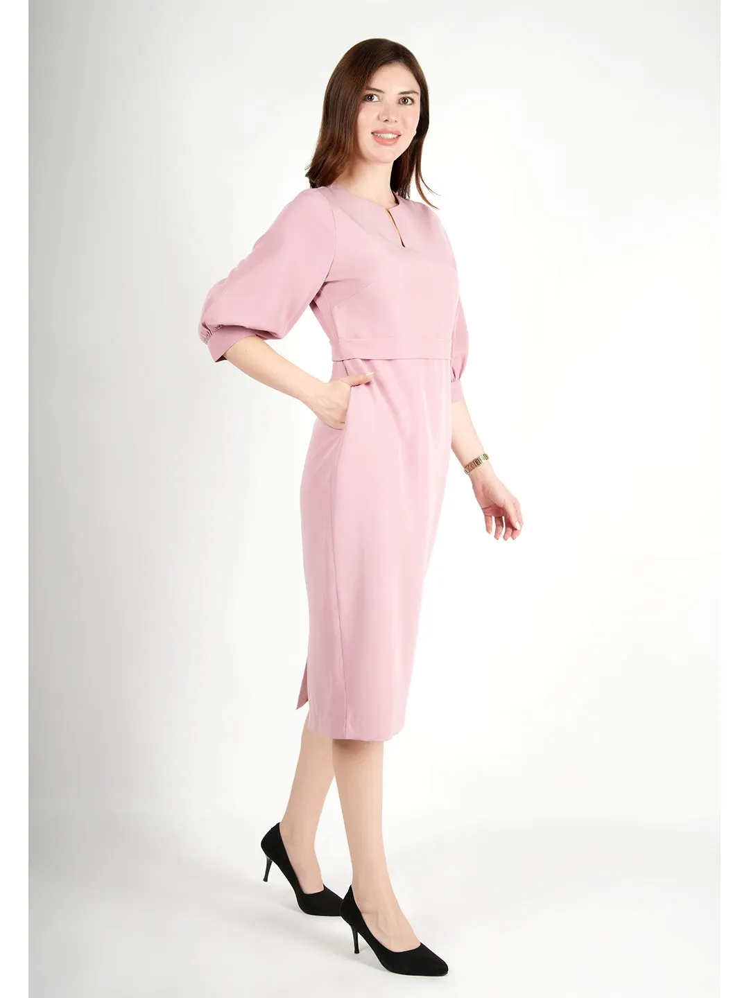 Blush Pink Blended Fabric Bright Low Puff Sleeve Dress