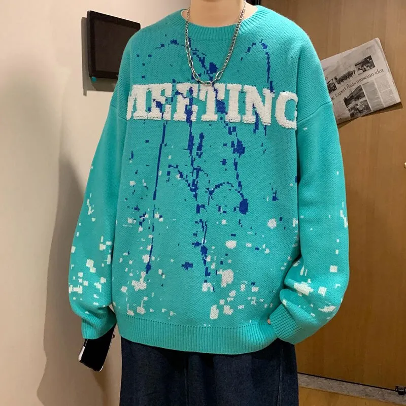 Bonsir Winter Warm Men's O-neck Sweaters Letter Printed Tie-dye Casual Fashion Knitting Pullovers Plus Size Male Sweaters 3XL-M
