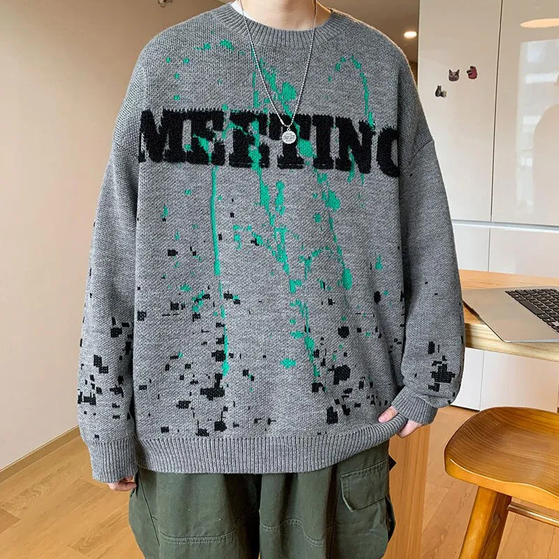 Bonsir Winter Warm Men's O-neck Sweaters Letter Printed Tie-dye Casual Fashion Knitting Pullovers Plus Size Male Sweaters 3XL-M