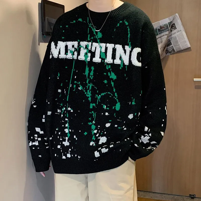 Bonsir Winter Warm Men's O-neck Sweaters Letter Printed Tie-dye Casual Fashion Knitting Pullovers Plus Size Male Sweaters 3XL-M