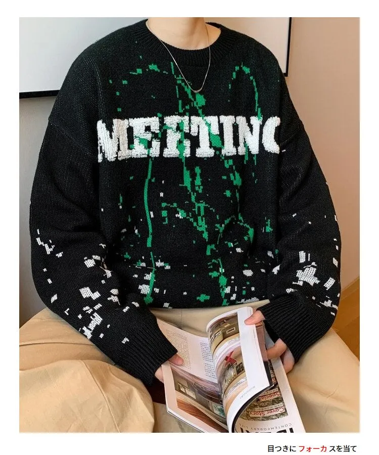 Bonsir Winter Warm Men's O-neck Sweaters Letter Printed Tie-dye Casual Fashion Knitting Pullovers Plus Size Male Sweaters 3XL-M