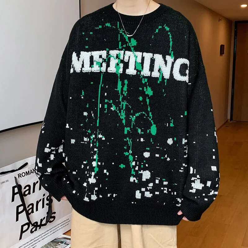 Bonsir Winter Warm Men's O-neck Sweaters Letter Printed Tie-dye Casual Fashion Knitting Pullovers Plus Size Male Sweaters 3XL-M