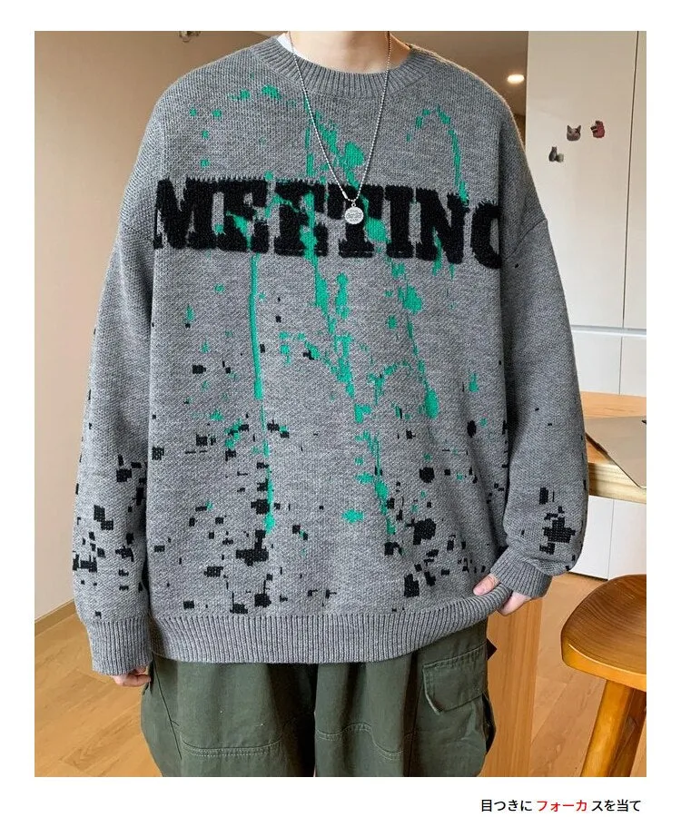 Bonsir Winter Warm Men's O-neck Sweaters Letter Printed Tie-dye Casual Fashion Knitting Pullovers Plus Size Male Sweaters 3XL-M