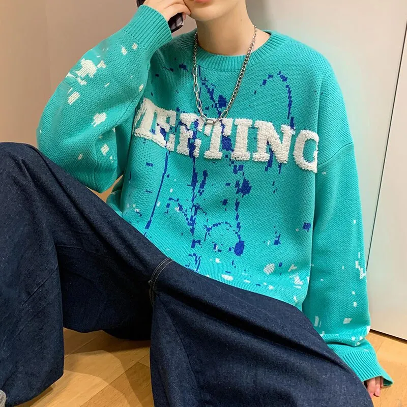 Bonsir Winter Warm Men's O-neck Sweaters Letter Printed Tie-dye Casual Fashion Knitting Pullovers Plus Size Male Sweaters 3XL-M