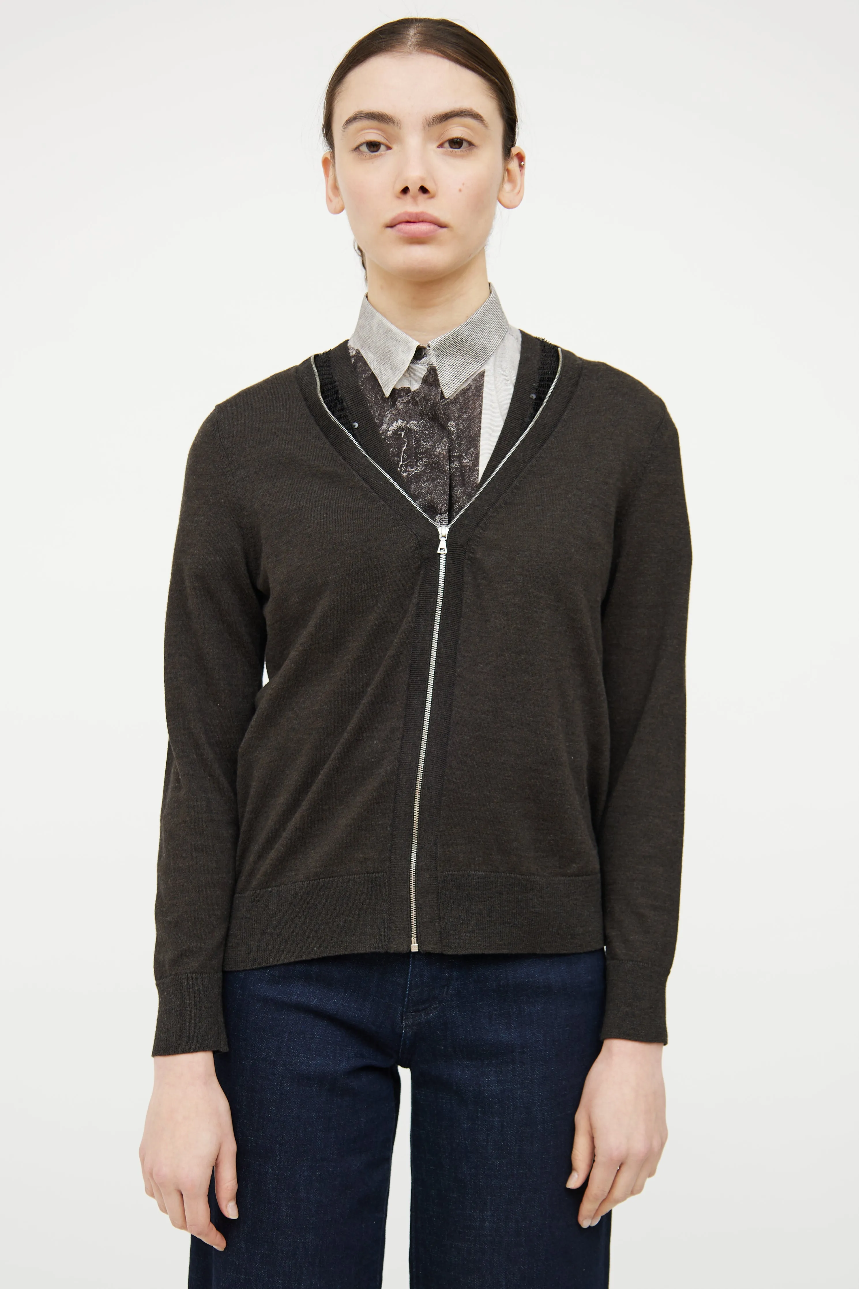 Brown Wool Knit Layered Cardigan