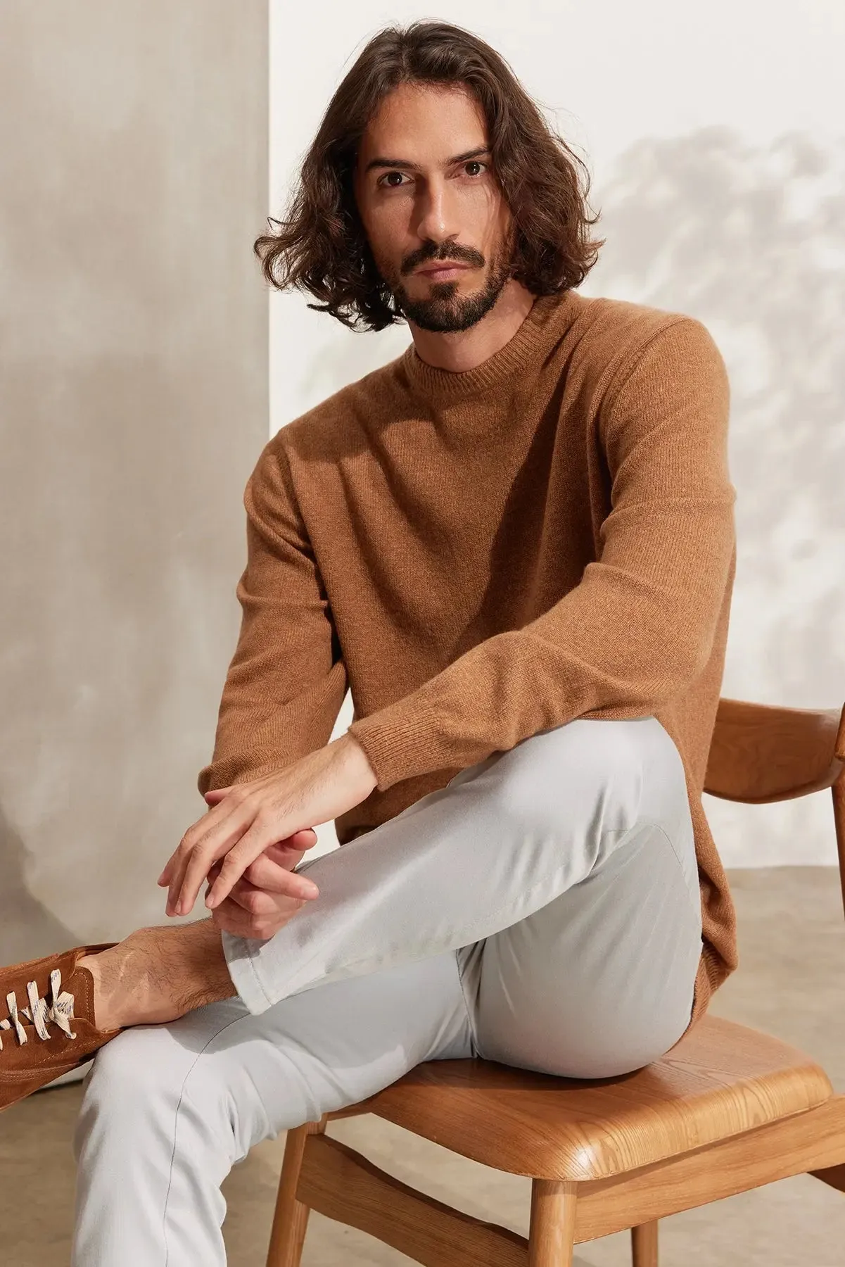 Camel Pure Cashmere Vincent Round Neck Men's Sweater