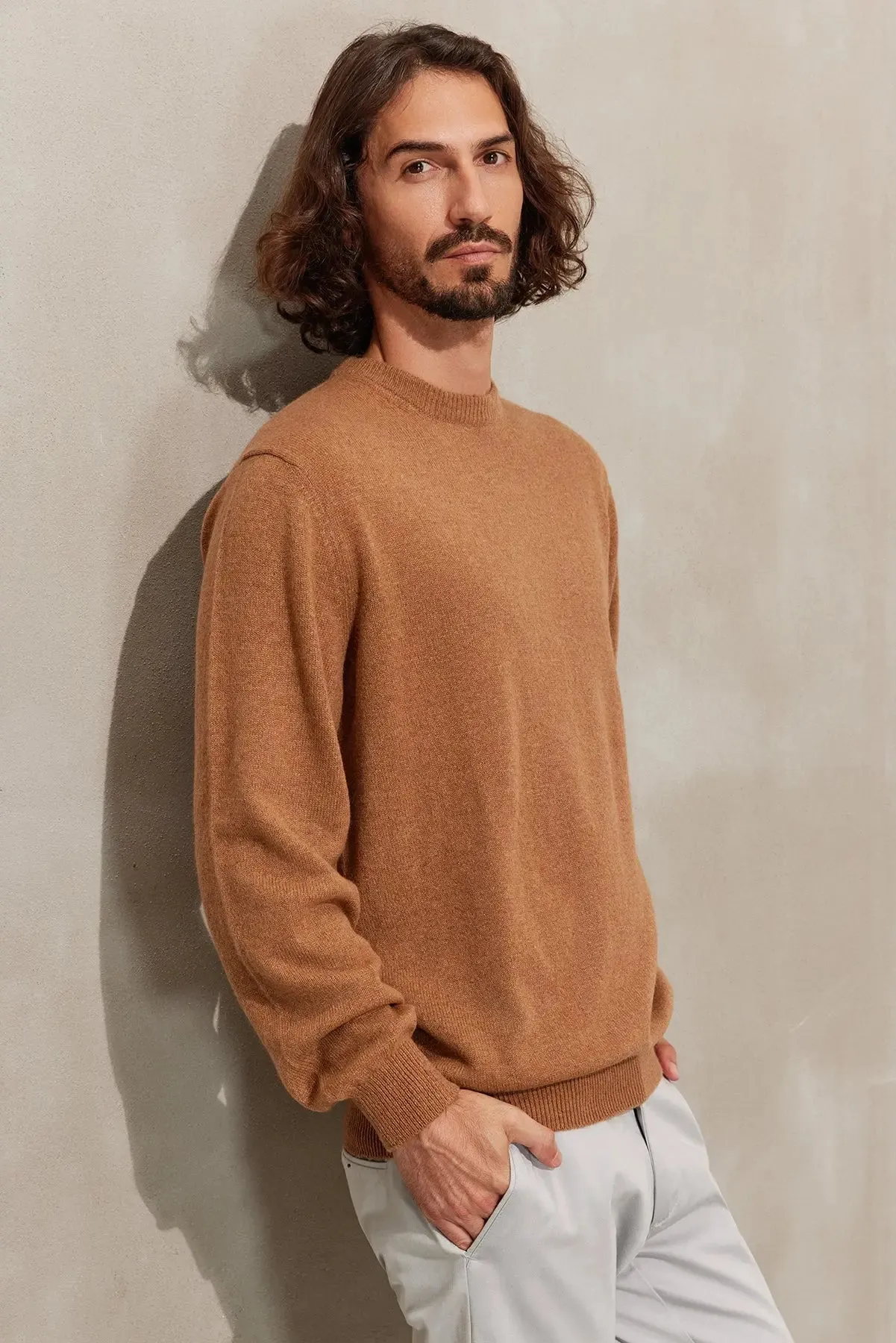 Camel Pure Cashmere Vincent Round Neck Men's Sweater