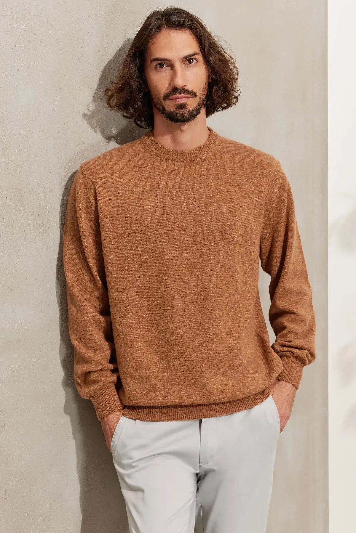 Camel Pure Cashmere Vincent Round Neck Men's Sweater