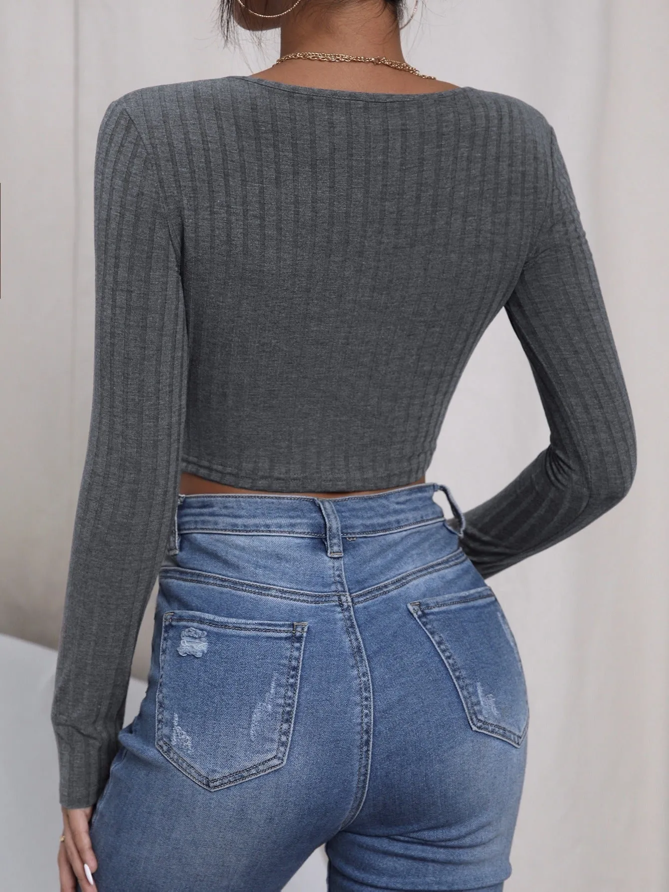 Casual Solid Slim Long Sleeve Fashion Basic Cropped Tee
