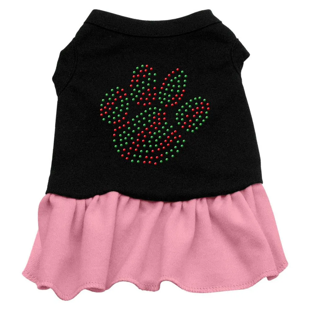 Christmas Paw Rhinestone Dress Black with Pink XS (8)