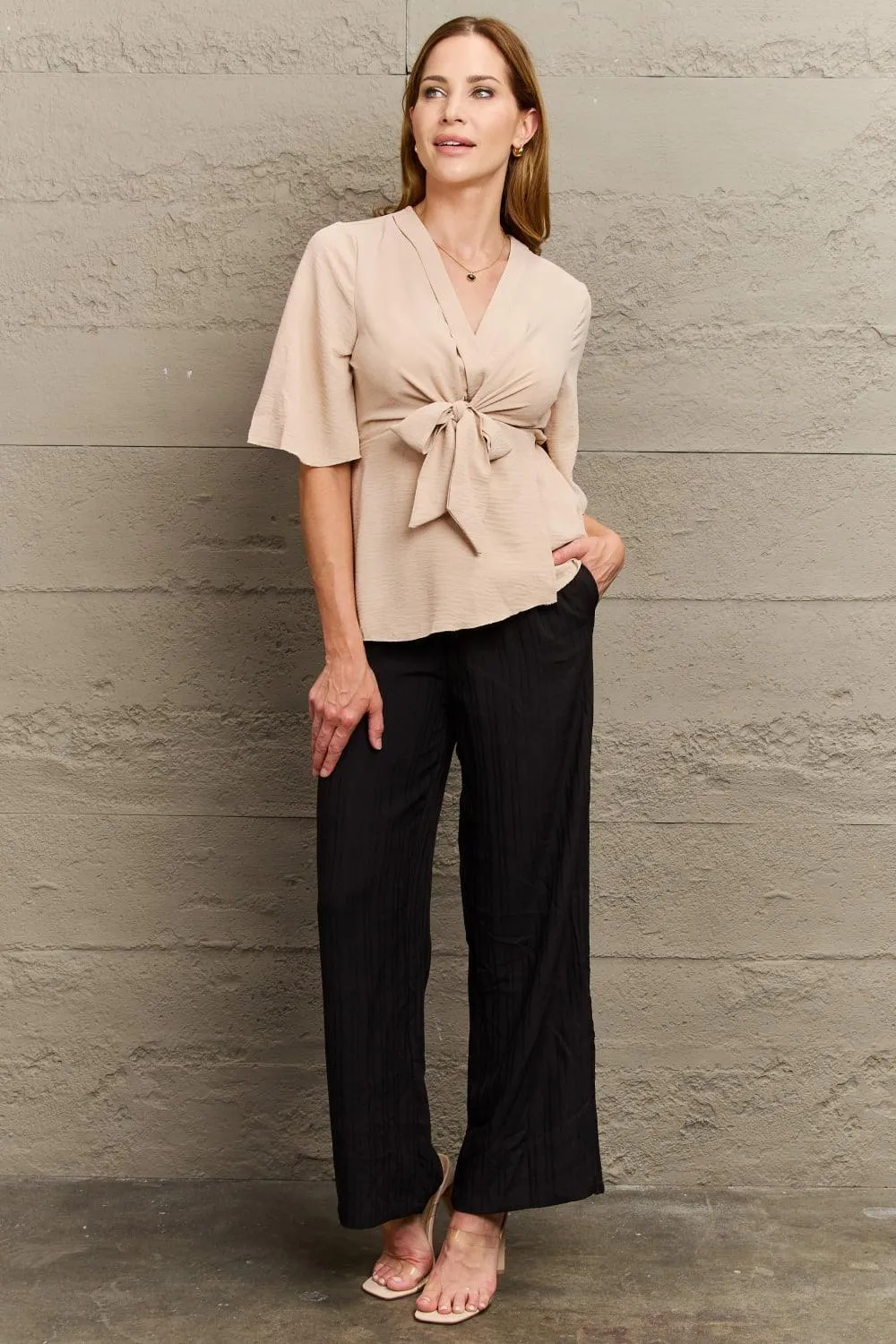 Classic Charm V-Neck Half Sleeve Tie Front Blouse