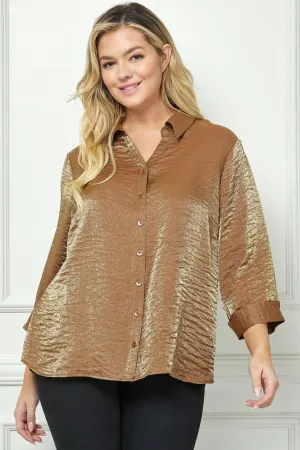 Cognac 3/4 Length Notch Sleeve Johnny Collar Button-Front Top - Plus