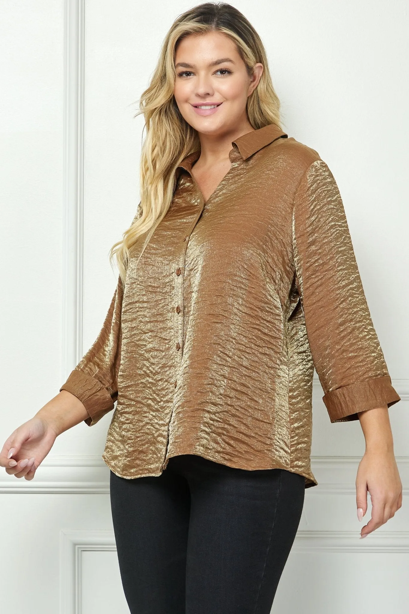 Cognac 3/4 Length Notch Sleeve Johnny Collar Button-Front Top - Plus
