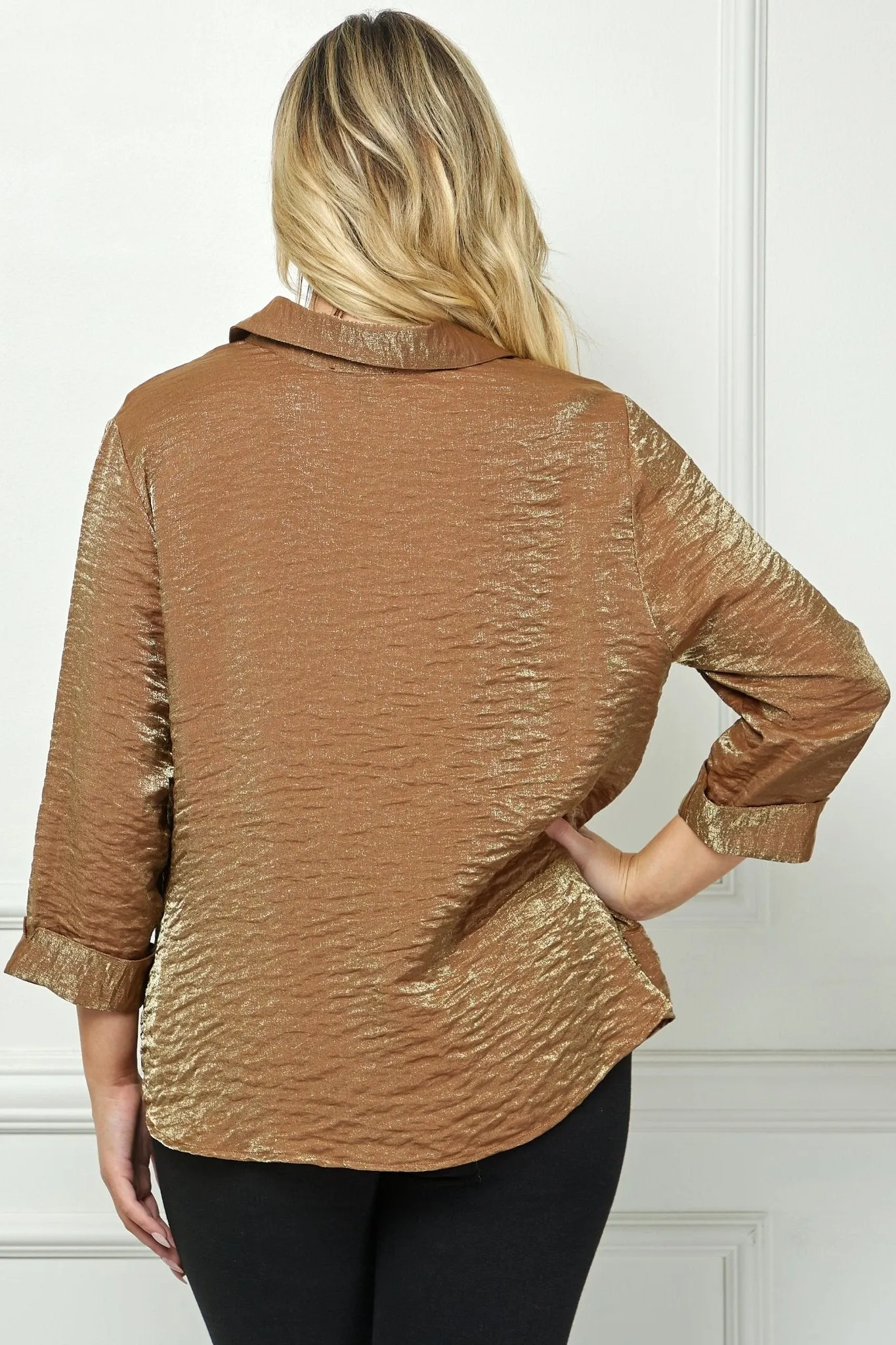 Cognac 3/4 Length Notch Sleeve Johnny Collar Button-Front Top - Plus