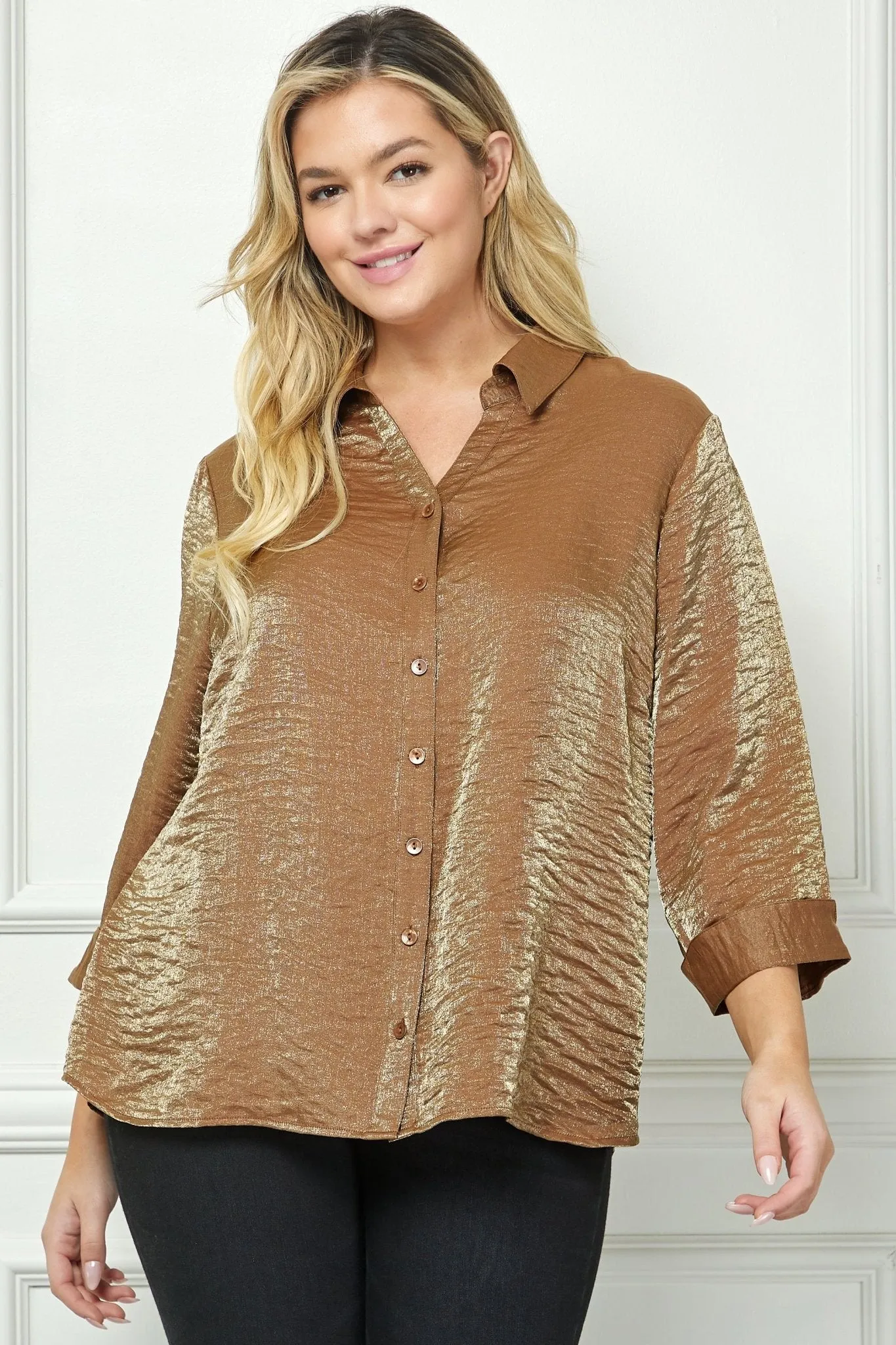 Cognac 3/4 Length Notch Sleeve Johnny Collar Button-Front Top - Plus