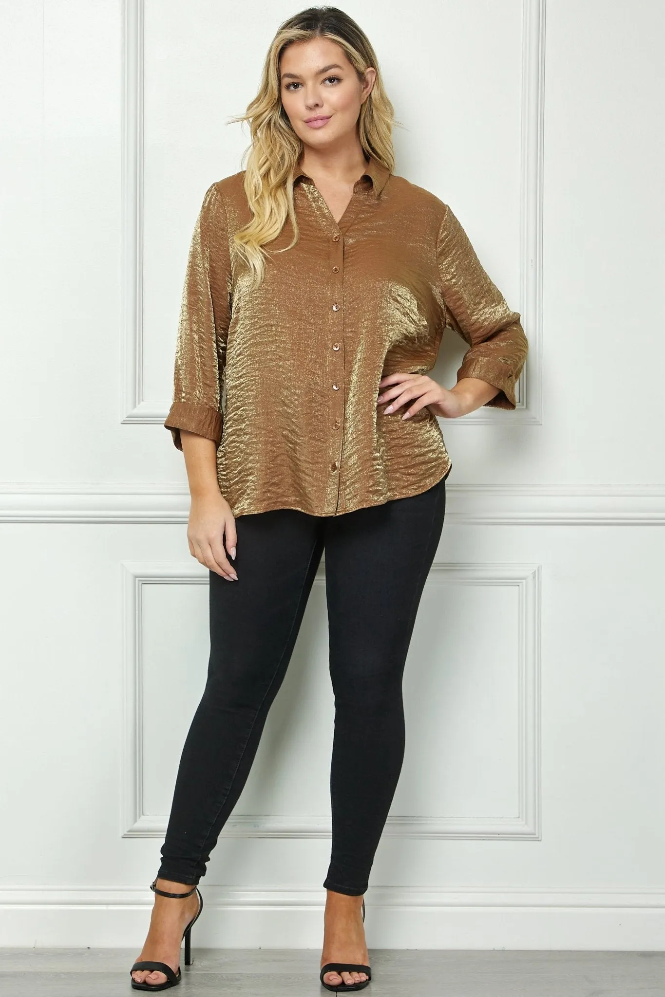 Cognac 3/4 Length Notch Sleeve Johnny Collar Button-Front Top - Plus