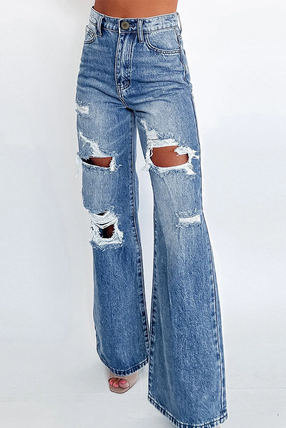 Comfy Classic Washed Distressed Wide-Leg Jeans