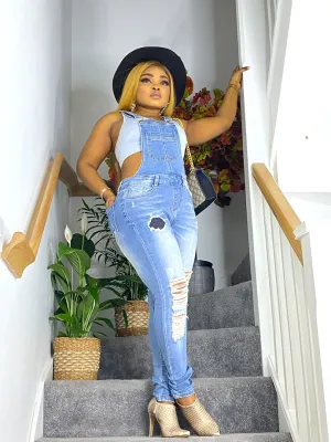 Distressed Bodice Bib Style Denim Overall Jeans