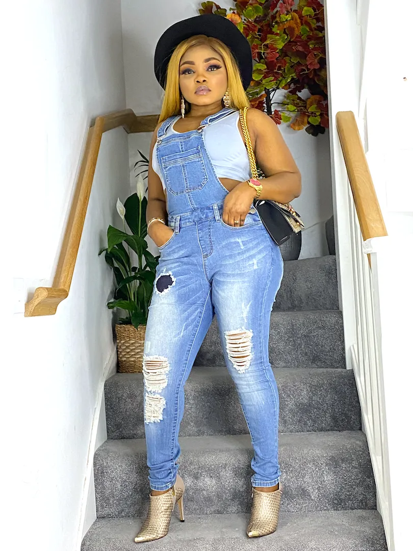 Distressed Bodice Bib Style Denim Overall Jeans
