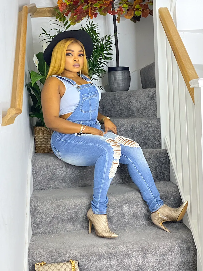 Distressed Bodice Bib Style Denim Overall Jeans