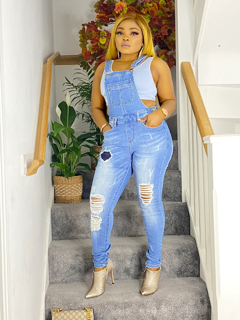 Distressed Bodice Bib Style Denim Overall Jeans