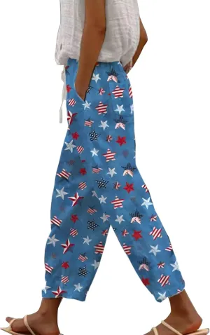 Drawstring Linen Pants Women 2025 Independence Day American Flag Print Family Print Pants Capri Pants 2025 Pants