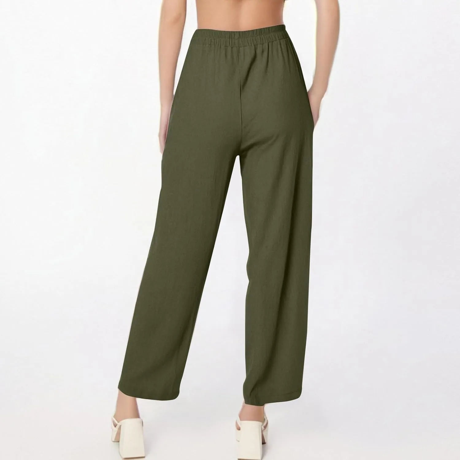 fanmpghleoo Linen Pants Women Casual Elastic Waist Wide Leg Linen Pants for Women Baggy Lightweight Lounge Pants with Pockets