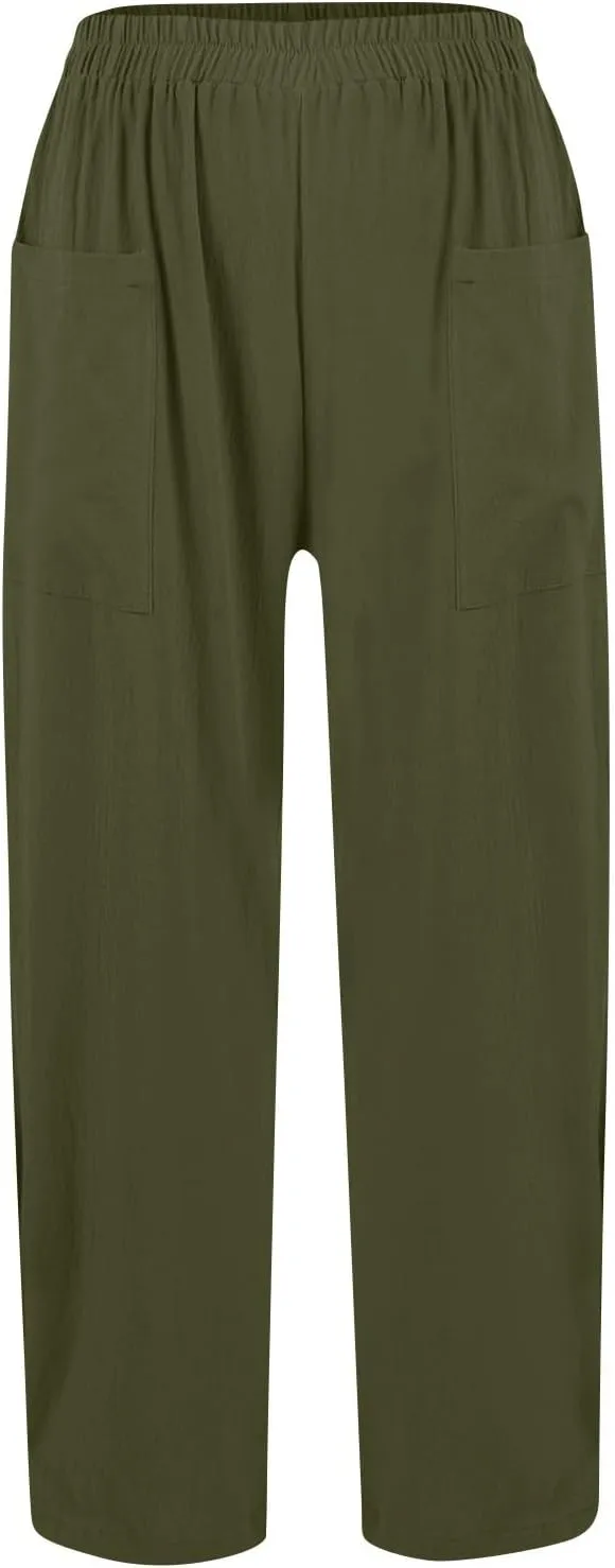 fanmpghleoo Linen Pants Women Casual Elastic Waist Wide Leg Linen Pants for Women Baggy Lightweight Lounge Pants with Pockets