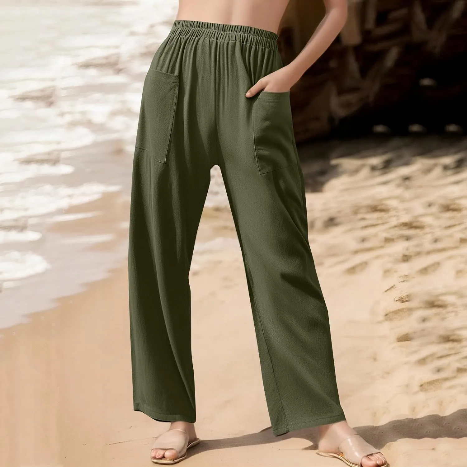 fanmpghleoo Linen Pants Women Casual Elastic Waist Wide Leg Linen Pants for Women Baggy Lightweight Lounge Pants with Pockets
