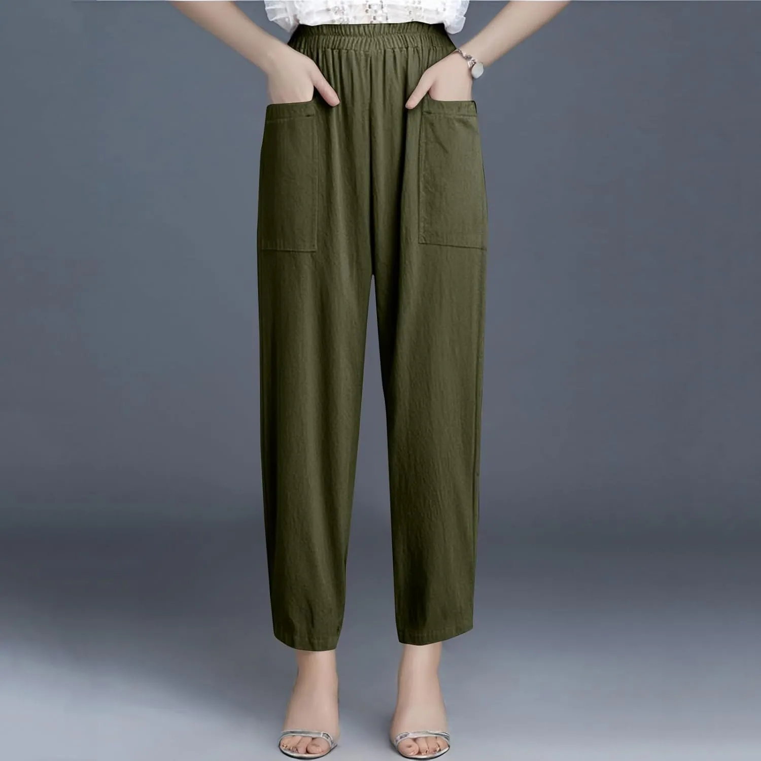 fanmpghleoo Linen Pants Women Casual Elastic Waist Wide Leg Linen Pants for Women Baggy Lightweight Lounge Pants with Pockets
