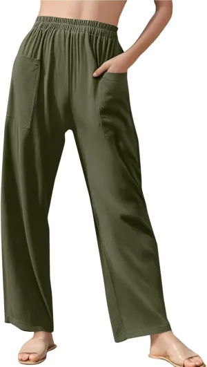 fanmpghleoo Linen Pants Women Casual Elastic Waist Wide Leg Linen Pants for Women Baggy Lightweight Lounge Pants with Pockets