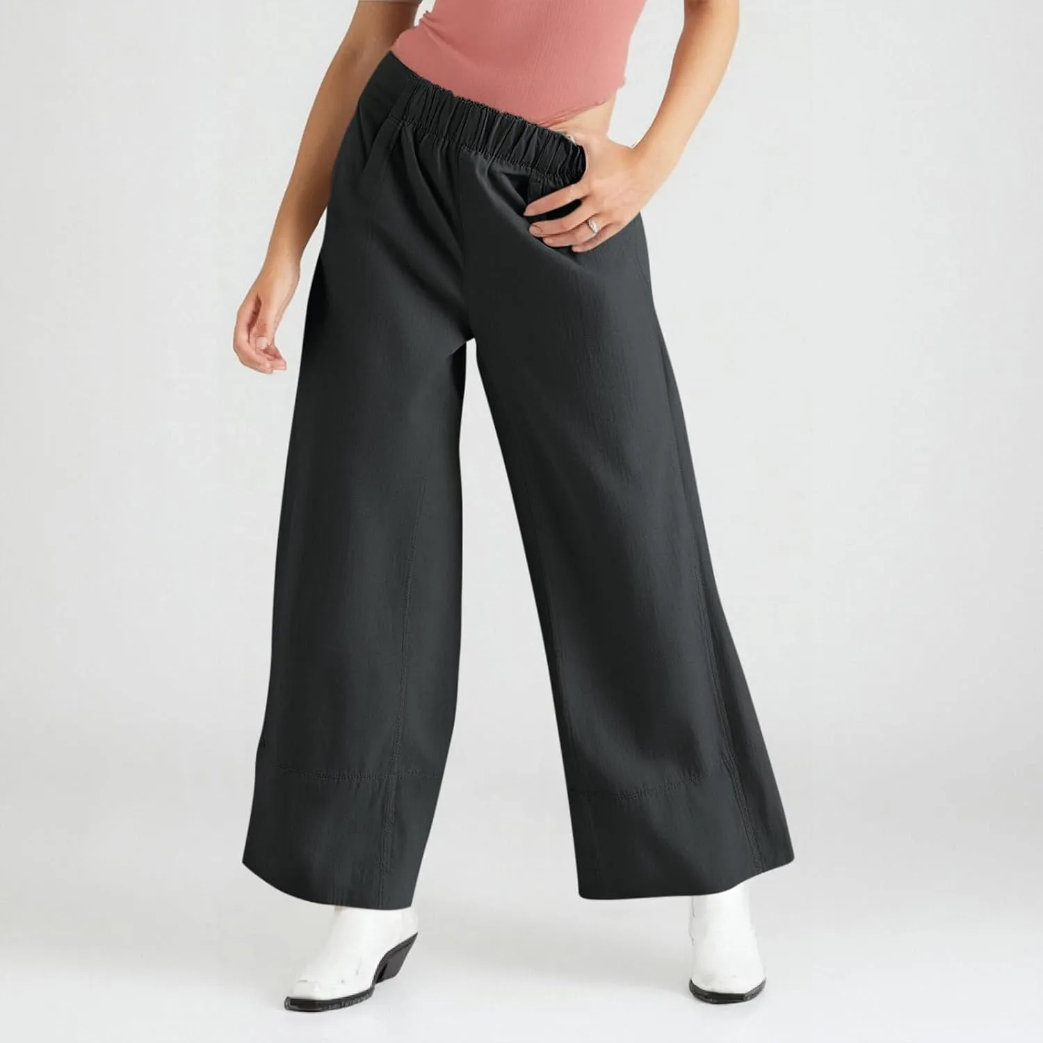 fanmpghleoo Wide Leg Linen Pants for Women Elastic High Waisted Palazzo Pants Summer Beach Travel Linen Trousers with Pockets