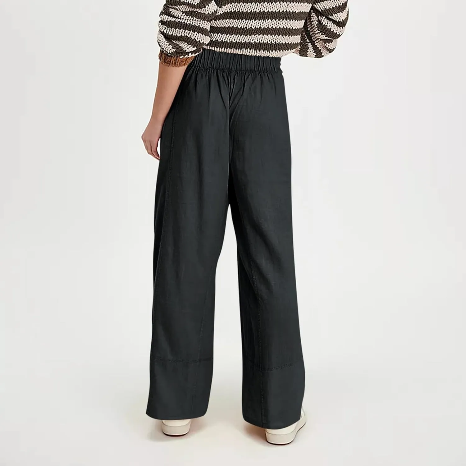 fanmpghleoo Wide Leg Linen Pants for Women Elastic High Waisted Palazzo Pants Summer Beach Travel Linen Trousers with Pockets